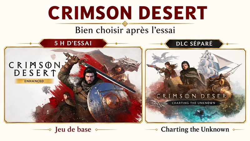 Crimson Desert Enhanced : cinq heures d’essai du jeu de base, à distinguer du DLC Charting the Unknown vendu séparément.