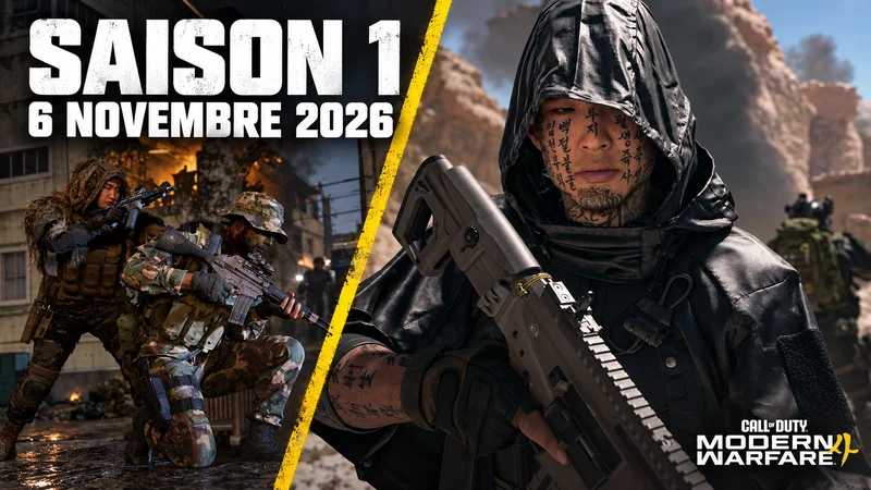 Montage de deux visuels officiels de Modern Warfare 4, avec un opérateur encapuchonné et une escouade, pour la saison 1 du 6 novembre 2026.