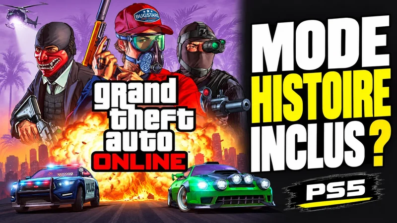 Illustration officielle GTA Online recomposée avec trois personnages et le titre « Mode Histoire inclus ? », pour PS5.