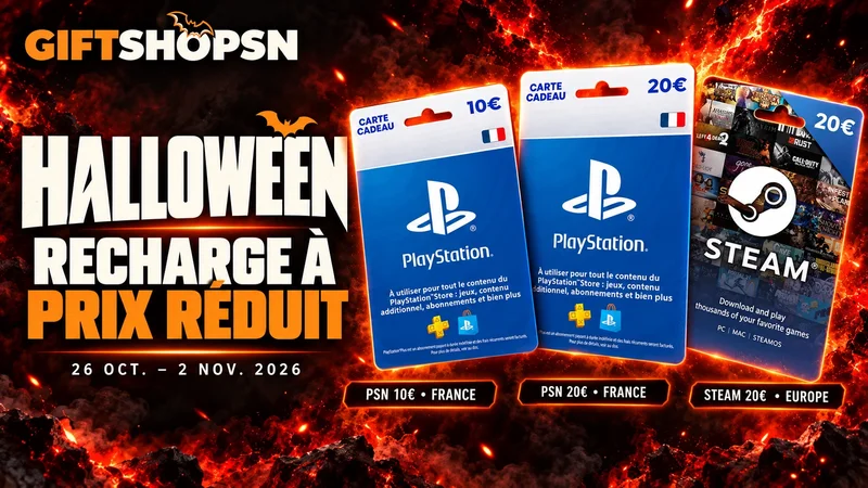 Halloween Giftshopsn : cartes PlayStation et Steam, recharge à prix réduit du 26 octobre au 2 novembre.