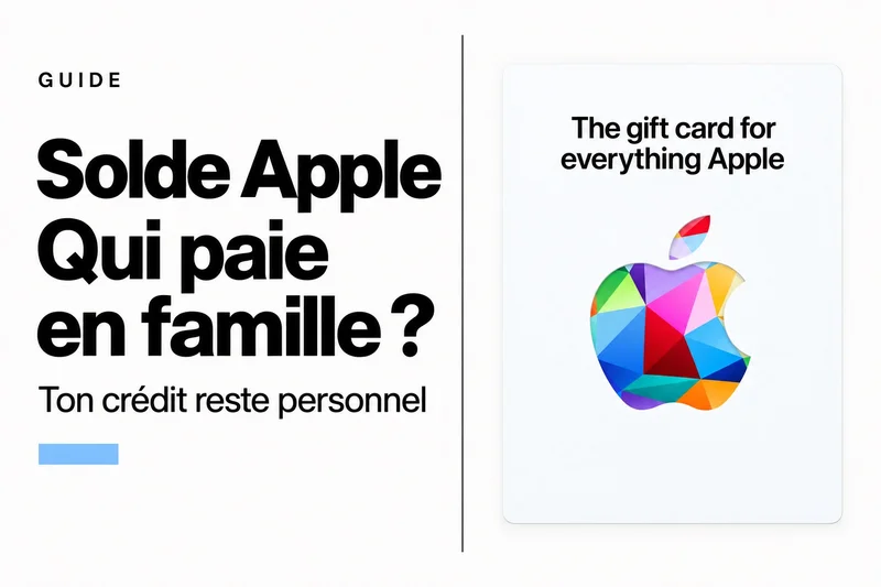 Carte cadeau Apple au logo multicolore sur fond clair, avec le titre « Solde Apple : qui paie en famille ? » et le rappel « Ton crédit reste personnel ».