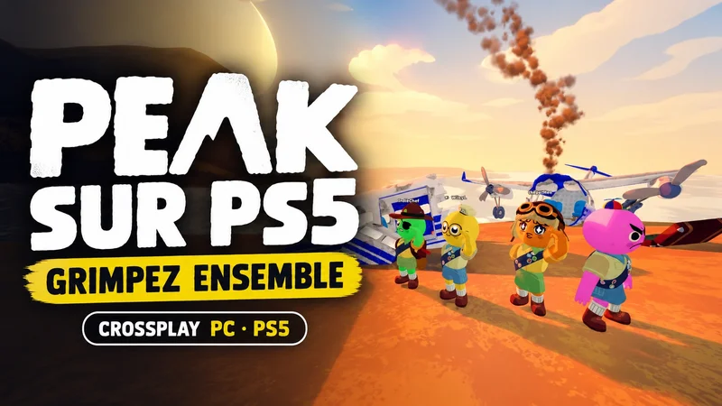 Les quatre personnages de Peak sur une capture du jeu, avec les mentions PS5 et crossplay PC.