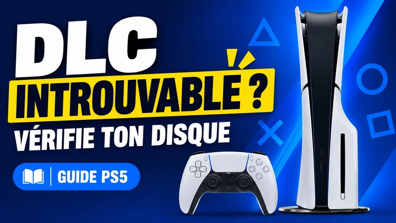 Console PS5 avec lecteur de disque et manette DualSense, avec le texte « DLC introuvable ? Vérifie ton disque ».