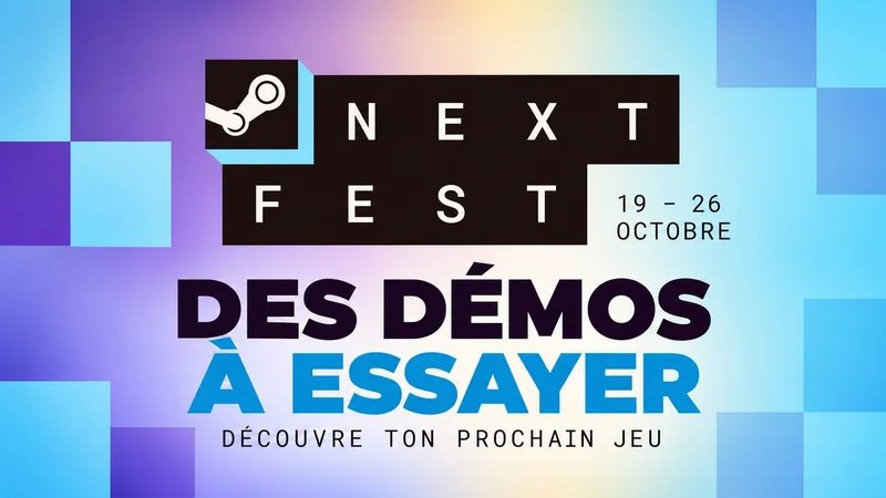 Visuel Steam Next Fest avec les dates du 19 au 26 octobre et invitation à essayer des démos.