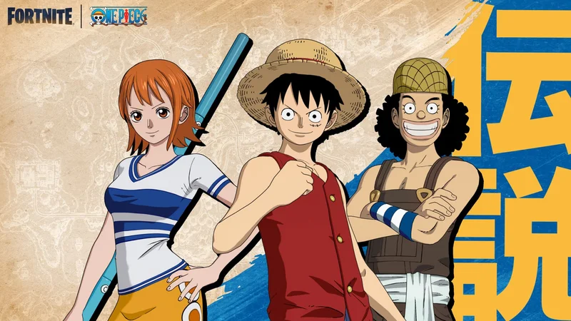 Visuel officiel Fortnite × One Piece : Nami, Luffy et Usopp, avec les logos Fortnite et One Piece.