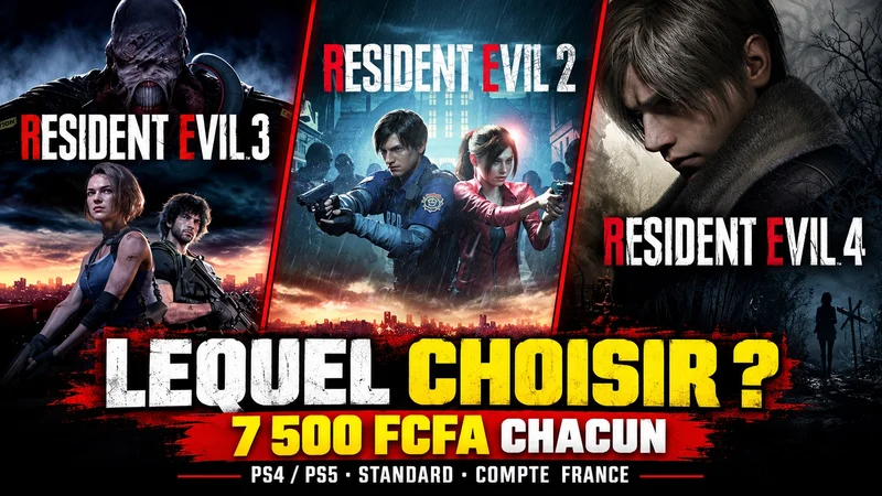 Jaquettes officielles des remakes Resident Evil 2, 3 et 4, comparés à 7 500 FCFA chacun sur PS4 et PS5.