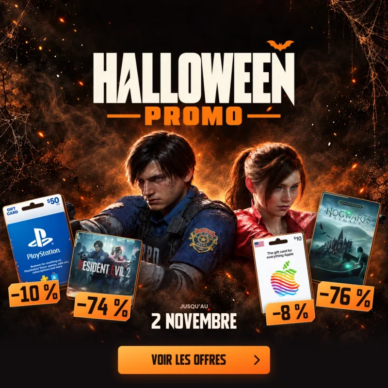 Halloween Promo jusqu’au 2 novembre : carte PlayStation US 50 $ à −10 %, Resident Evil 2 à −74 %, Hogwarts Legacy Deluxe à −76 % et carte Apple US 10 $ à −8 %. Leon et Claire au centre d’un décor de fumée et de braises ambrées. Voir les offres.